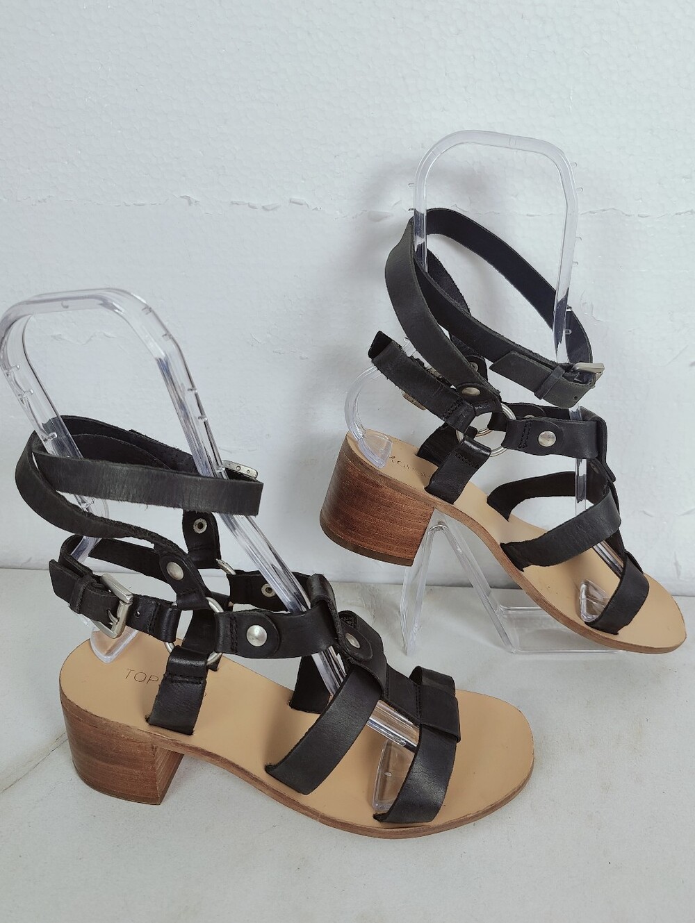 Topshop Valley Gladiator Black Faux Leather Block Heel Sandals, Sz 7